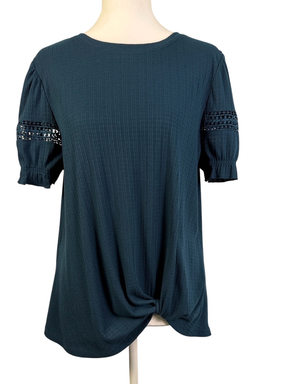 Fred David Dark Teal Lace Short Sleeve Knot Front Blouse Top Size L Large